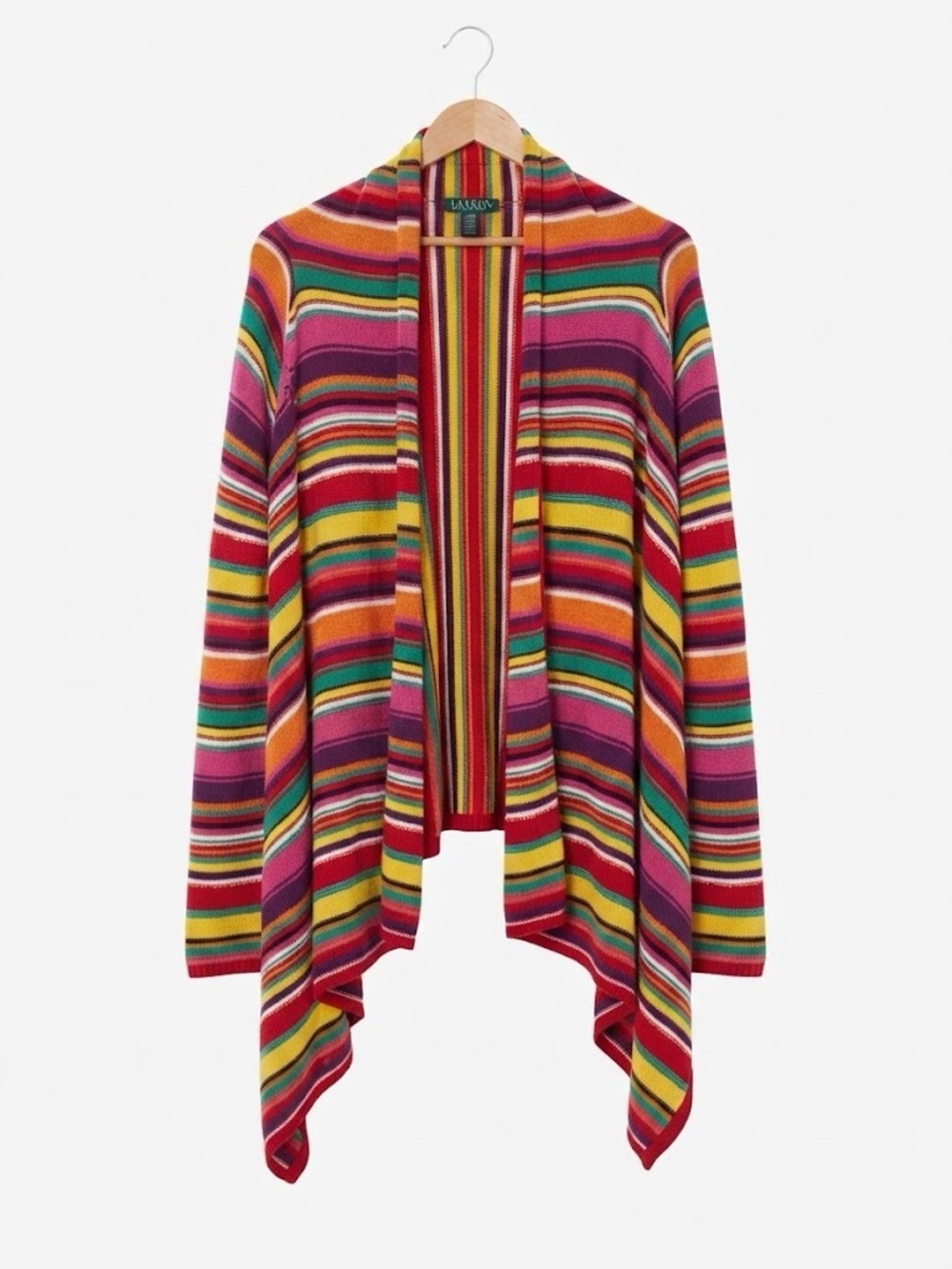 Lauren Ralph Lauren Rainbow Multi Stripe Open Front Cardigan Sweater L/XL
